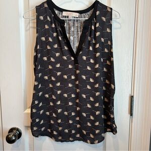 LOFT Women’s Black Sleeveless V-Neck Taupe Floral Blouse Size Small Petite